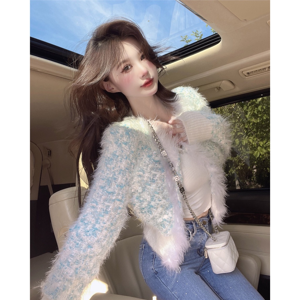 ™☎▣Suhao Industri Berat Mewah Jahitan Lengan Panjang Rajutan Jaket Sweater Wanita Musim Gugur Kecil Aroma Pendek Longgar Temperamen Cardigan Top