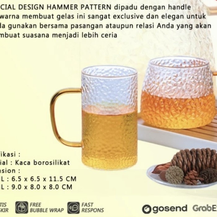 Gelas Kaca HAMMER PATTERN Handle Mewah Tahan Panas Dingin KopiSusu Teh