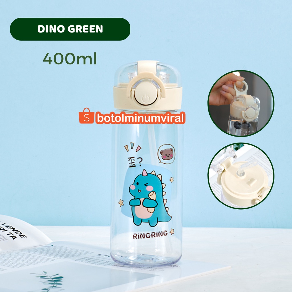 Botol Minum Anak Sedotan Karakter Dino Bear 400 ml BPA Free Lucu Impor Tutup Putih Bening