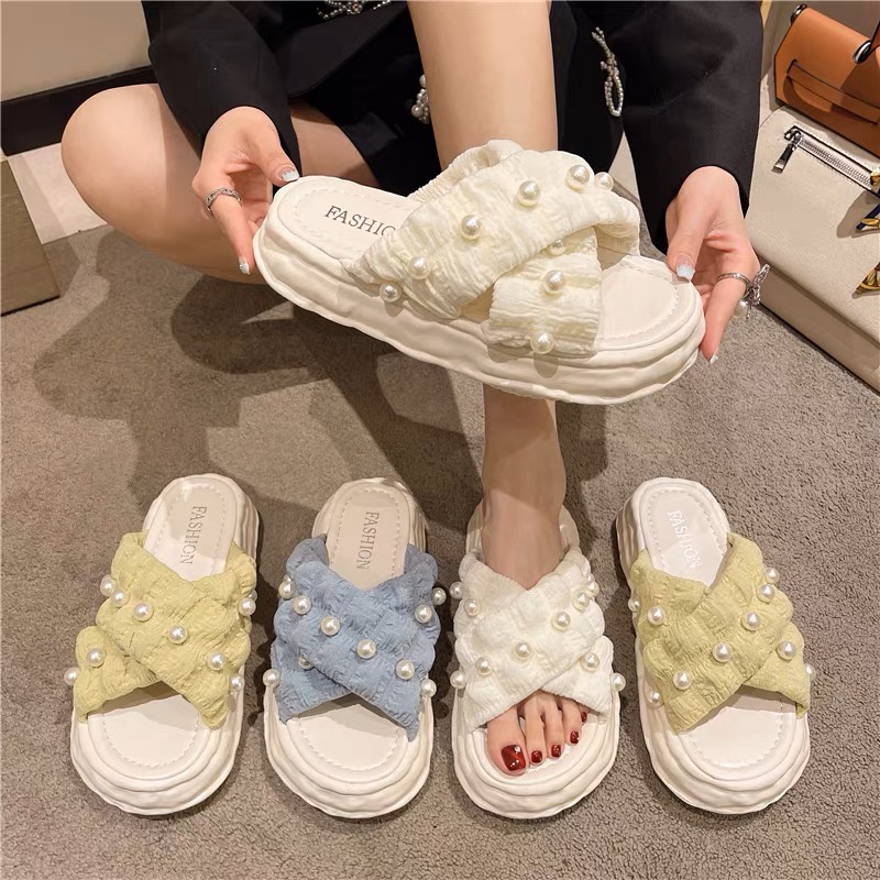 GN-000-1 Sandal Selop Wedges Korean Style Model Mutiara Tali Silang Yesplus PCU