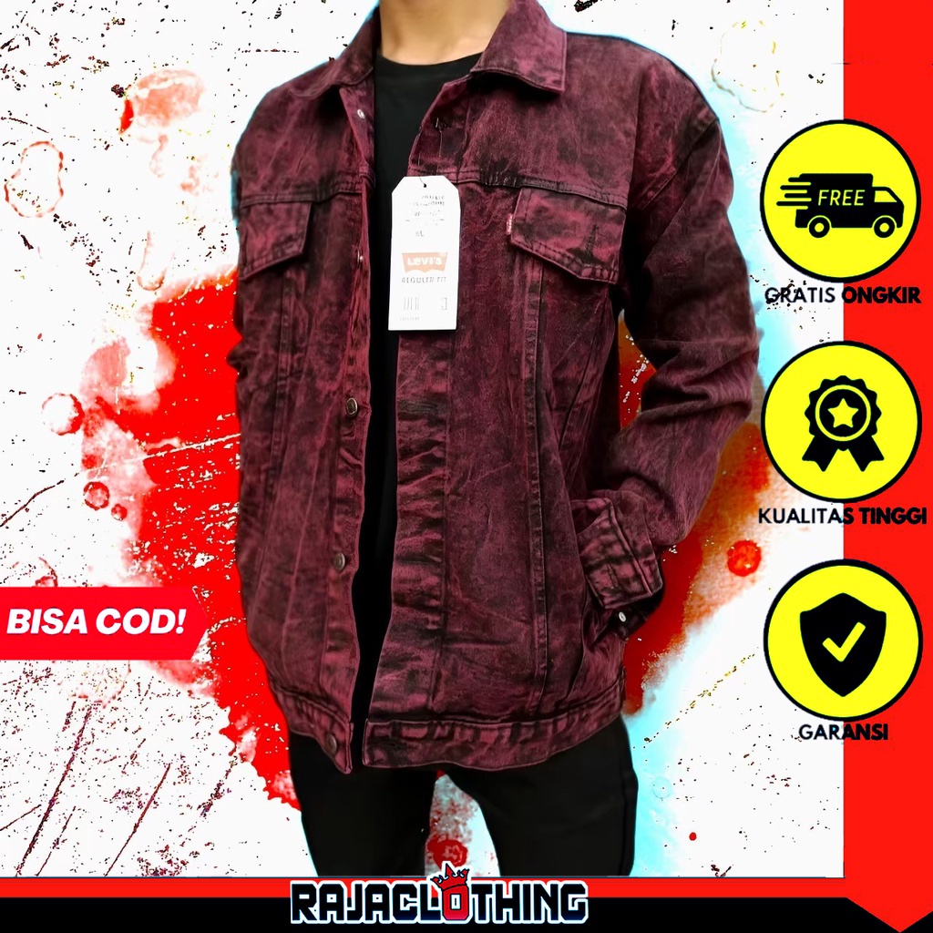 RCL - Jaket Jeans Denim Sanwash Maroon Pria Sandwash Jaket Snow Maron Jaket Washing Cowok