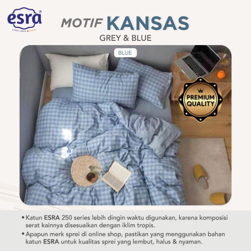 Katun lokal kain Sprei meteran bahan Esra Delux Motif Kansas Biru