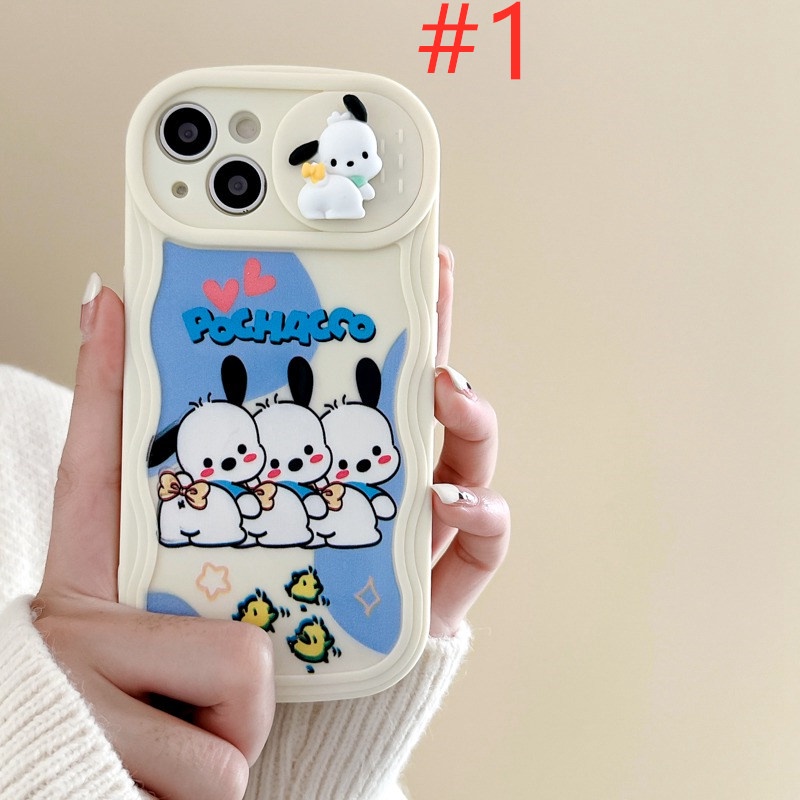 Lovely Pochacco &amp; Bear Doll Push The Window Cover Soft Case iP iPhone 11 12 13 14 Pro Max + Plus Wavy Casing Apple