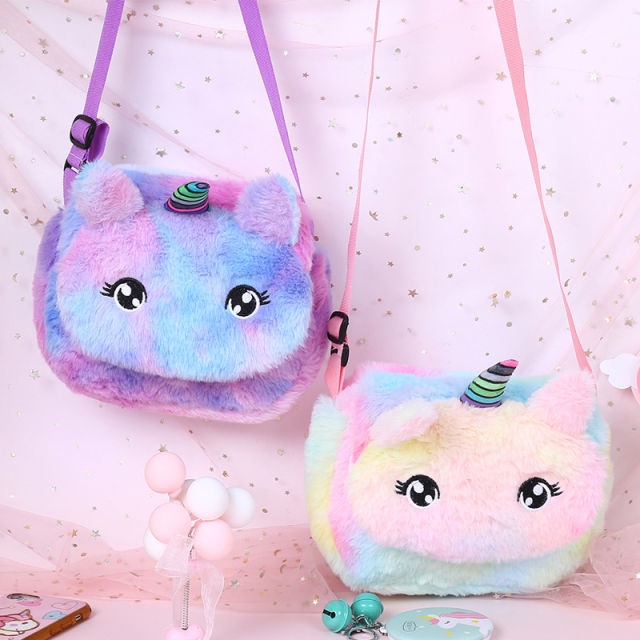 Holiven Tas Anak Unicorn Bulu Warna Ungu Pink Biru / Tas Selempang Anak Gradasi