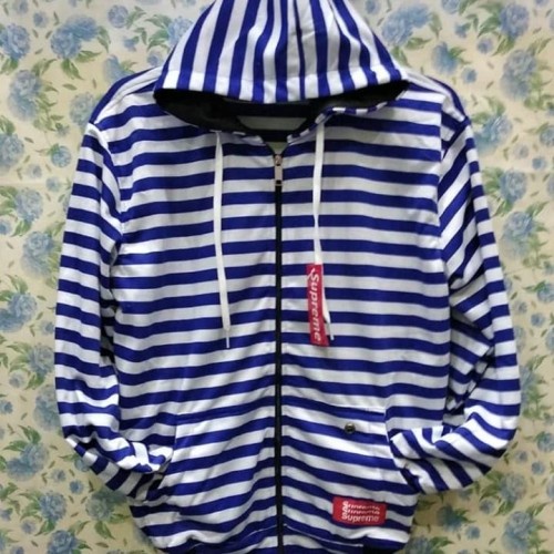Jaket Sweater Hoodie Blaster Belang Salur Hitam putih/Navy Biru Pria Premium Unisex.