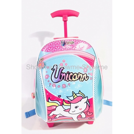 SHOWME TROLLEY - TROLI TAS RANSEL DORONGANAK SEKOLAH PAUD KUALITAS PREMIUM - BATOK GAMBAR BUSA KAKU UNICORN MAGIC PINK