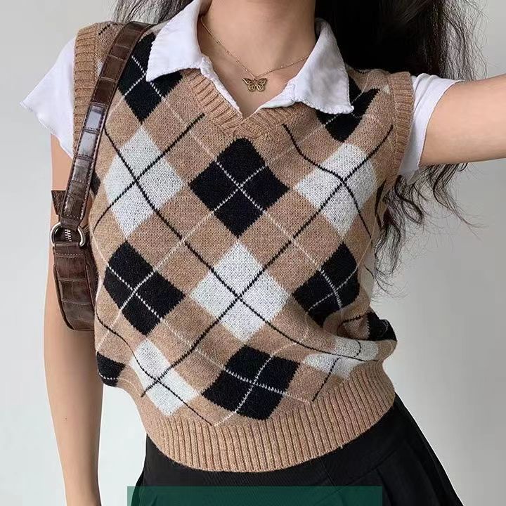 Vest Rajut Rompi Rajut Kotak Kotak Korea Gaya Retro Vest Knit Baju Crop