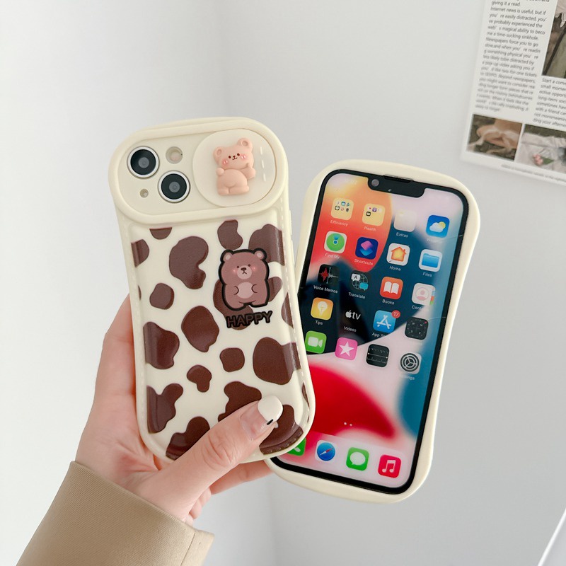 Leopard Print &amp; Milk Bear Doll Push The Window Cover Soft Case iP iPhone 11 12 13 14 Pro Max Brown Casing Apple