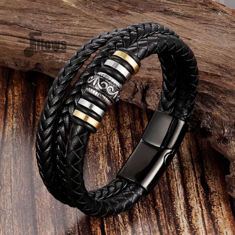 Gelang Kulit Pria Geometri Vintage Multilayer Hitam Emas Lapisan Kulit Slide Genuine Leather