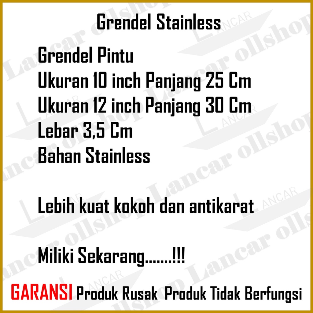 Grendel Slot Pintu Jendela Panjang Stainless Besar / Selot Stainless + Skrup / Grendel Stainless Steel Stenlis Stanlis Tebal 10 Inch 12 Inch