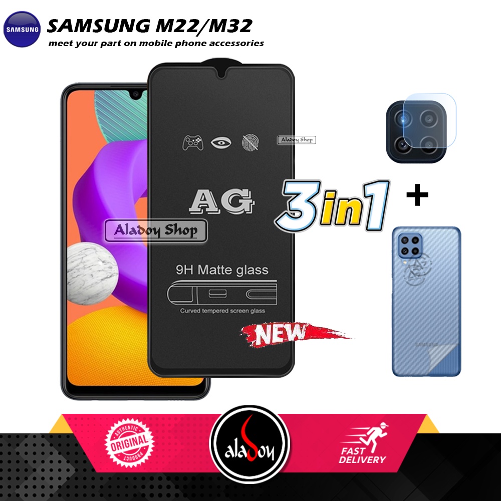 aket 3IN1 Tempered Glass Layar Matte Anti Glare Samsung M22/M32 Free Tempered Glass Camera dan Skin Carbon