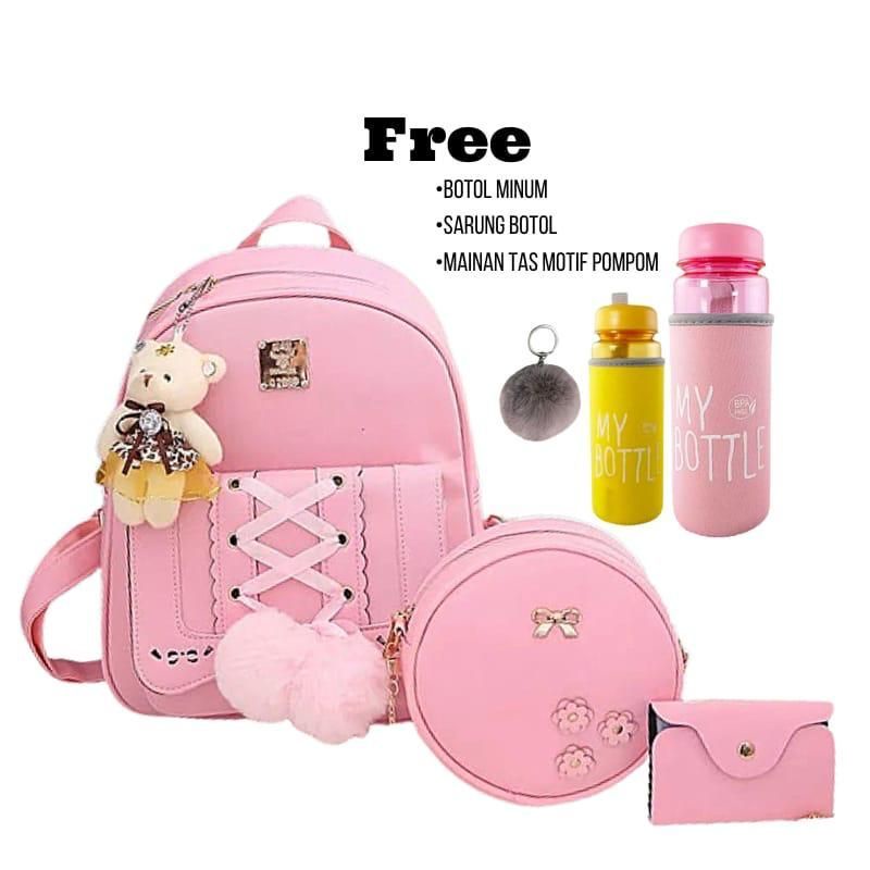 (COD)Tas Ransel Bacpack Pompom Fashion Wanita Korea Ransel Siswa Sekolah Menengah Pertama Sekolah Dasar Dalam Ransel Jepang Free Botol Minum Tas Anak anak
