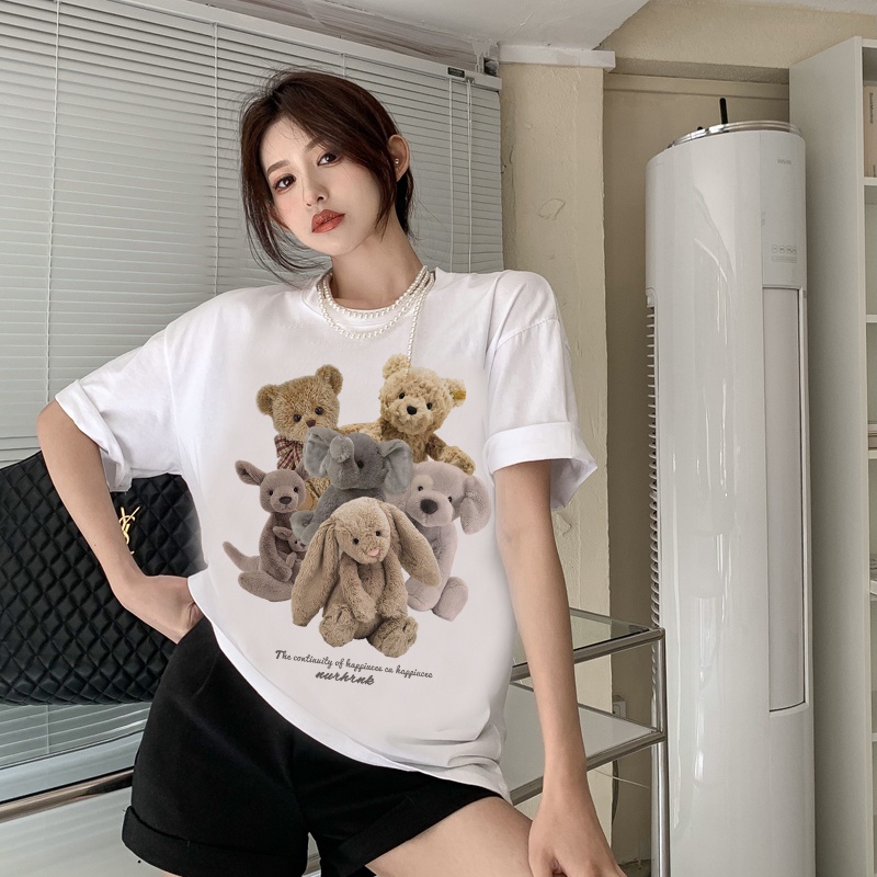 [3 Warna]Print T-shirt Kaos Lengan Pendek Cute Plush Bear Atasan Wanita Korean Style