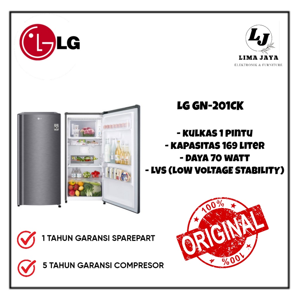 Kulkas 1 Pintu LG GN-201CK 169 Liter Kulkas Satu Pintu Low Voltage-LVS