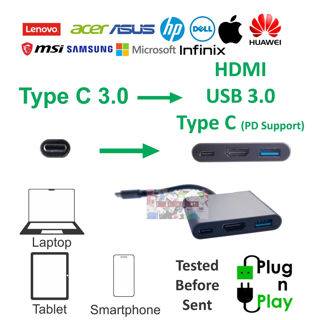 Type C 3.0 Hub Converter to HDMI USB 3.0 Type C with Power Delivery