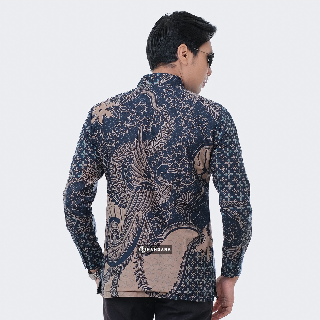 Baju Kemeja Batik Pria Lengan Panjang Slim Fit Premium Modern Full Furing Katun Halus Original Handara Motif Sekar Navy HB-209