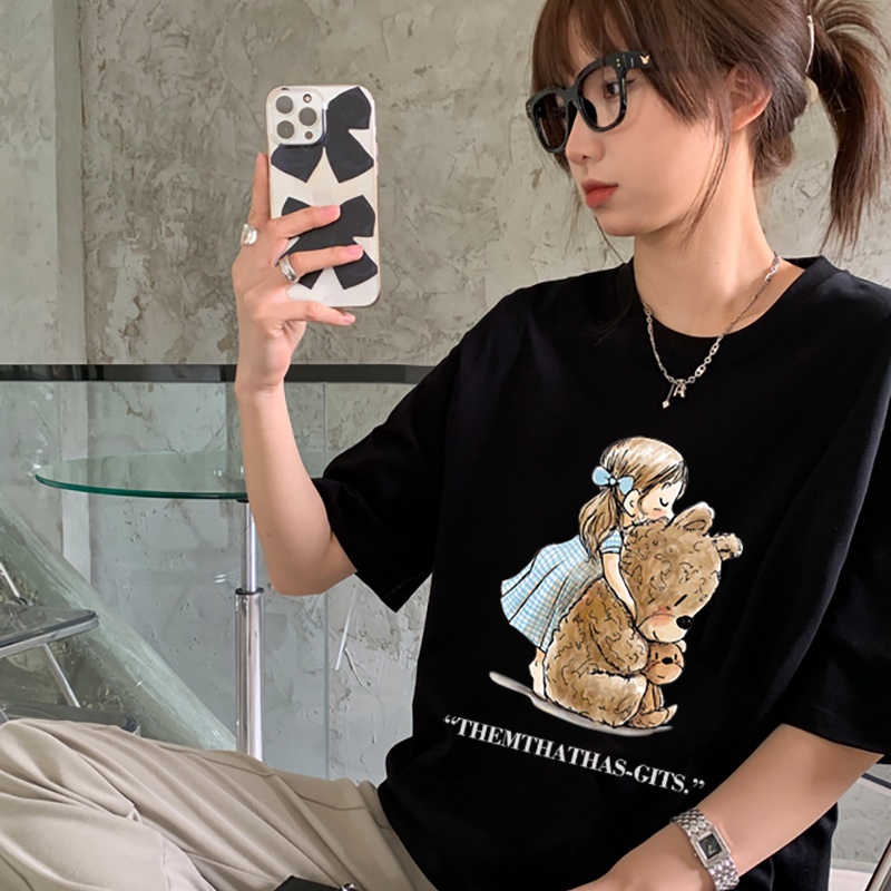 Print T-shirt Kaos Lengan Pendek Cartoon Bear girl Atasan Wanita Oversize Korean Style