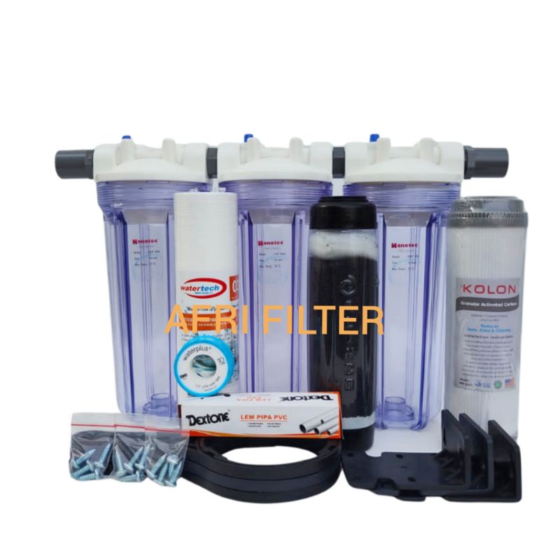 Paket NANO 3 Saringan/ Filter Air Zat Berbesi Siap Pakai (Clear 10&quot; drat 3/4&quot; SPG)