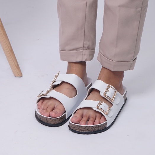LAPEPA YUK - Dunkenstock KIMMY Sandal Wanita Slop Casual Size 36 - 40 Model Birken Dunkenstok Sol Puyuh Sara Sara Sendal Cewek Kulit Santai Strap Gesper dua Kristal Blink 37 38 39 Warna White Putih Selop Anti Slip Original Shoes ORI Mall Official Store