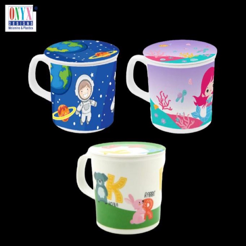 Gelas Minum Melamin + Tutup 340 ML Karakter Anak Lucu / Mug Melamine Gambar Anak