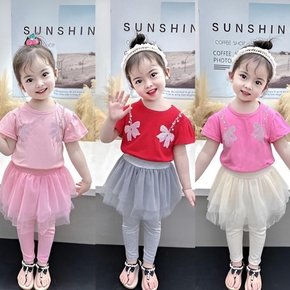Set Celana Rok Legging Anak Perempuan Pinggang Karet / SET BAJU KAOS MOTIF RANDOM & ROK LEGGING TUTU