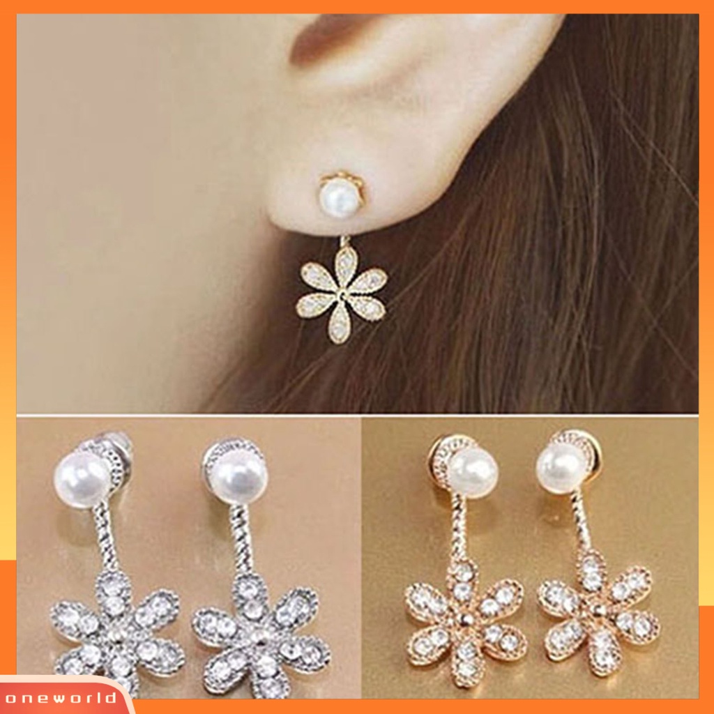 [WONE] Anting Wanita Earrings Shiny Antikarat Alloy Berlian Imitasi Bunga Mutiara Imitasi Ear Studs Untuk Belanja