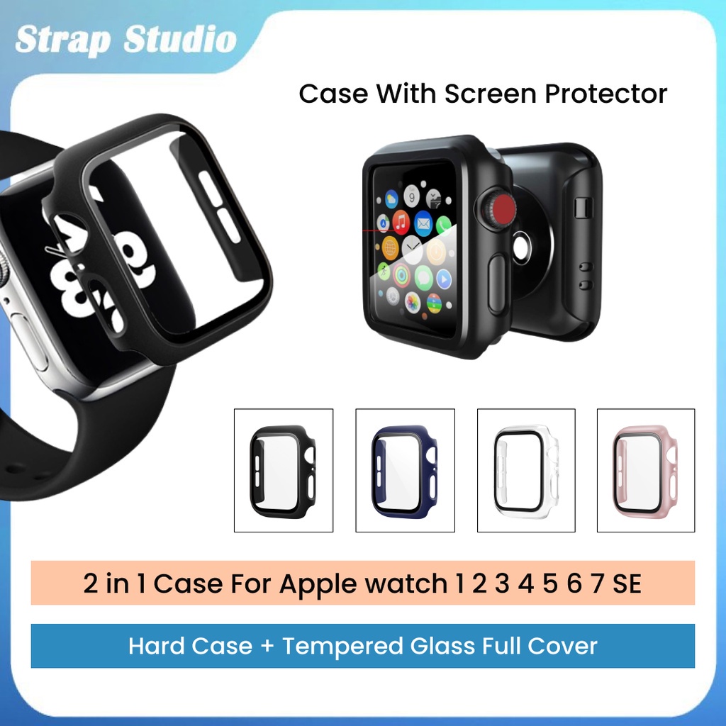 APPLE WATCH 2 in 1 Case iWatch Series Series 1 2 3 4 5 SE 6 7 PC+Tempered Glass Full Cover Size 45 44 42mm 41 40 38mm Hard Screen Protector