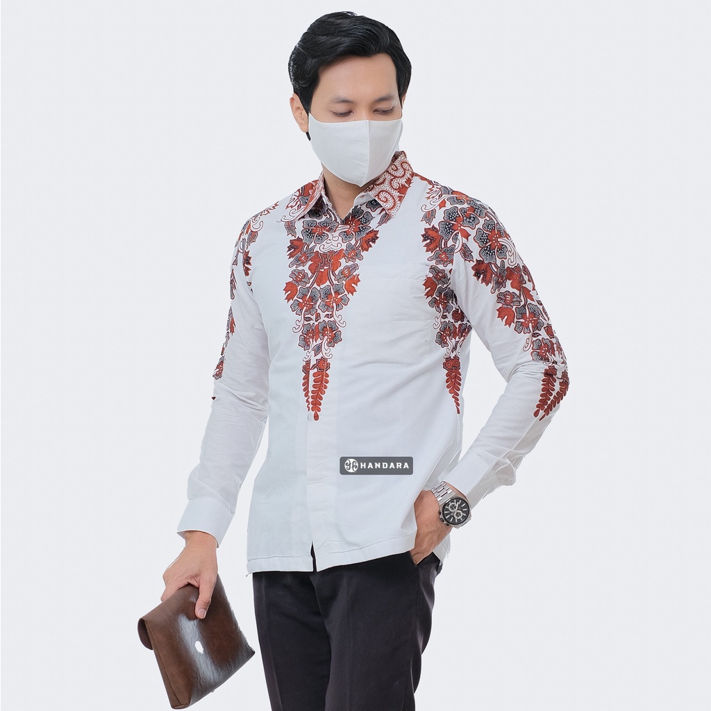 Baju Kemeja Batik Pria Lengan Panjang Slim Fit Premium Modern Full Furing Katun Halus Original Handara Motif Astana Putih Sogan HB-167