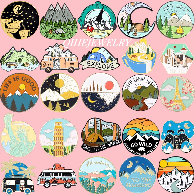 Go Travel Adventure Pin Mountain Forest Lakes Earth Explore Nature Bus Ticket Enamel Pin Button Badge Brooch Women Men Outdoorsy Gift