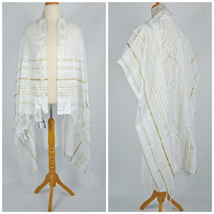 SELENDANG DOA WHITE-GOLD ACRYLIC TALLIT GADOL KOSHER BY ISRAEL