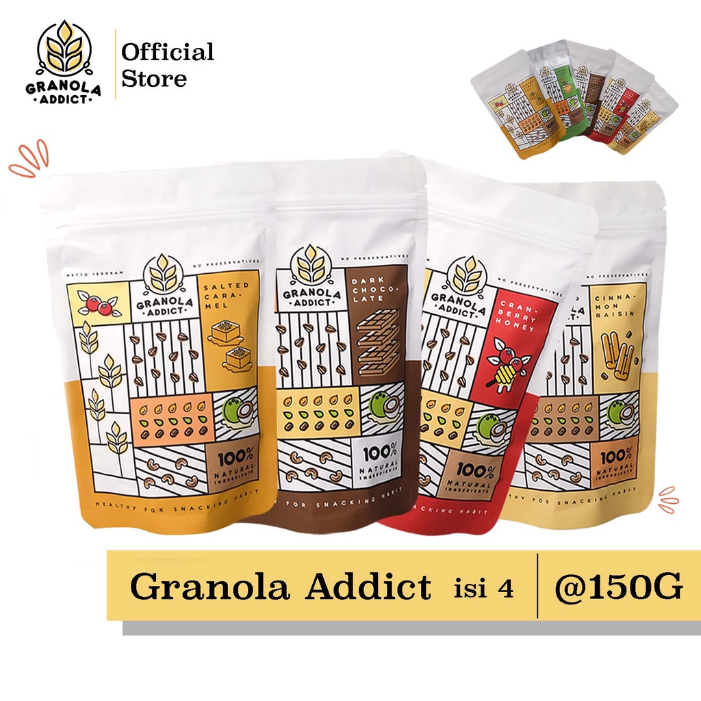 

Granola Addict - Paket Isi 4 * 150gram (Pandan Wangi / Dark Choco / Cinnamon, Cranberry / Caramel)