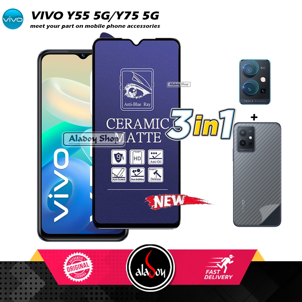 PAKET 3IN1 Anti Gores Blue Matte Anti Glare Vivo Y55 5G/Y75 5G + Tempered Glass Camera dan Skin Carbon