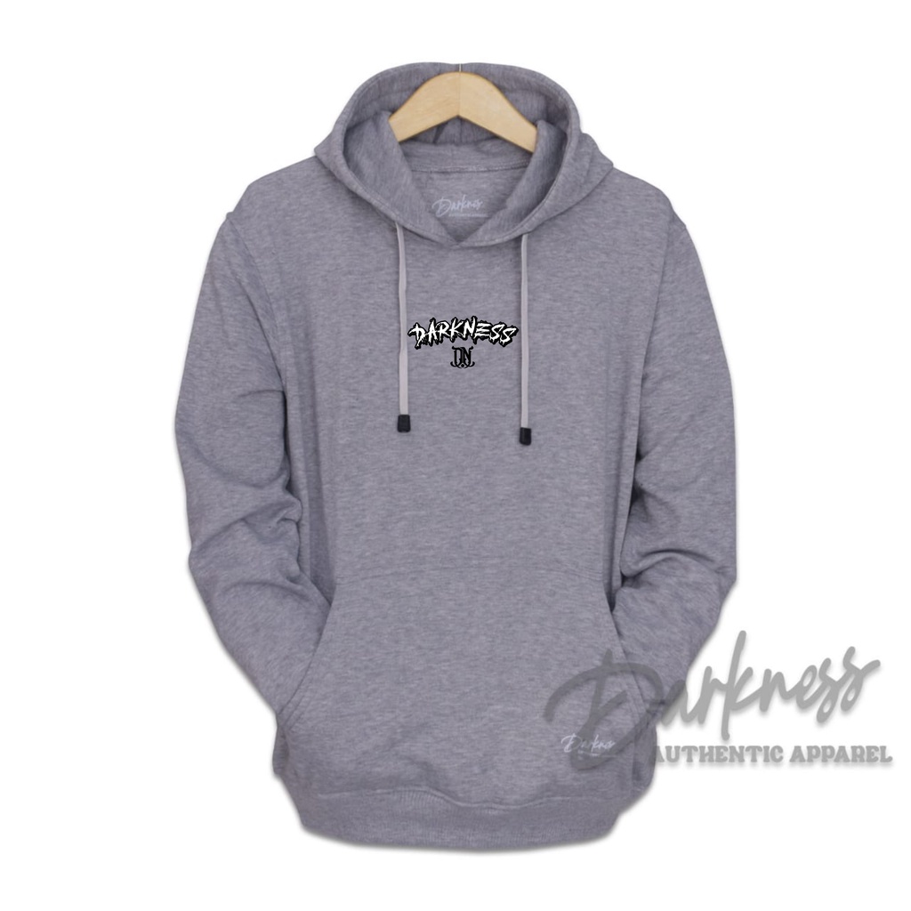 Sweater hoodie Original bahan KATUN tebal brand DARKNESS warna ABU MUDA Ukuran M L XL XXL List DARKNESS PUTIH jaket terbaru