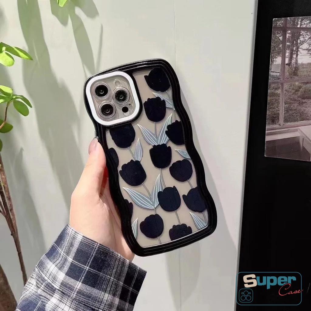 Casing Bunga Tulip Retro Untuk Realme C55 C33 C25 C30 C12 C11 C25s C25Y C35 C15 C21Y C20 8i 8 8Pro 9i 9 9Pro+C3 7i 5i 6i 5 7 C1 C20A Soft TPU Black Wavy Edge Case