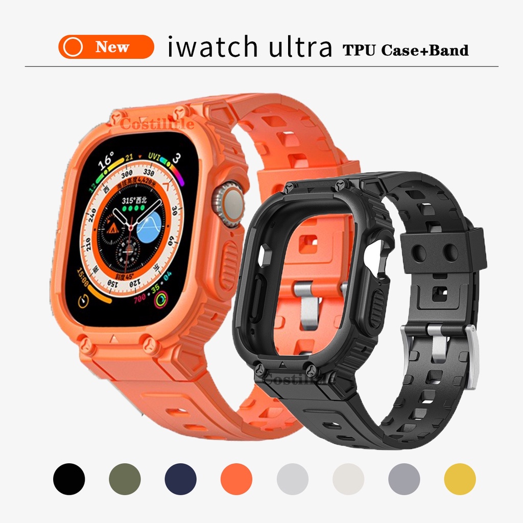 2-in-1 Rugged Armor TPU Watch Strap Bumper Case Compatible with Apple Watch Ultra 8 7 6 SE 5 4 Protective Cover for iWatch