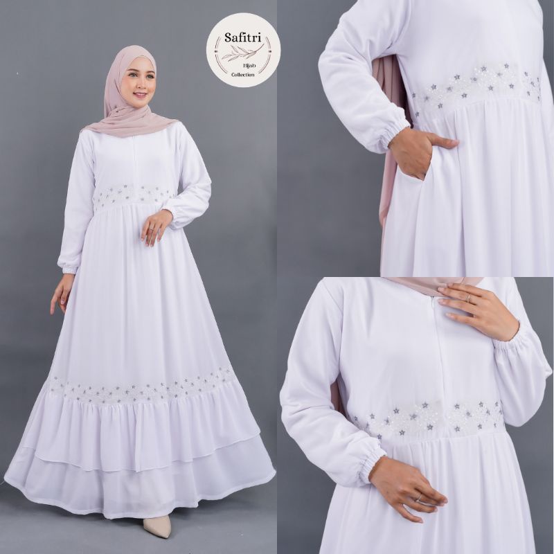 KHADIJA DRESS 1 Gamis bahan ceruty babydol putih bersih putih tulang broken white hitam Umroh/Manasik haji by Safitri Fashion