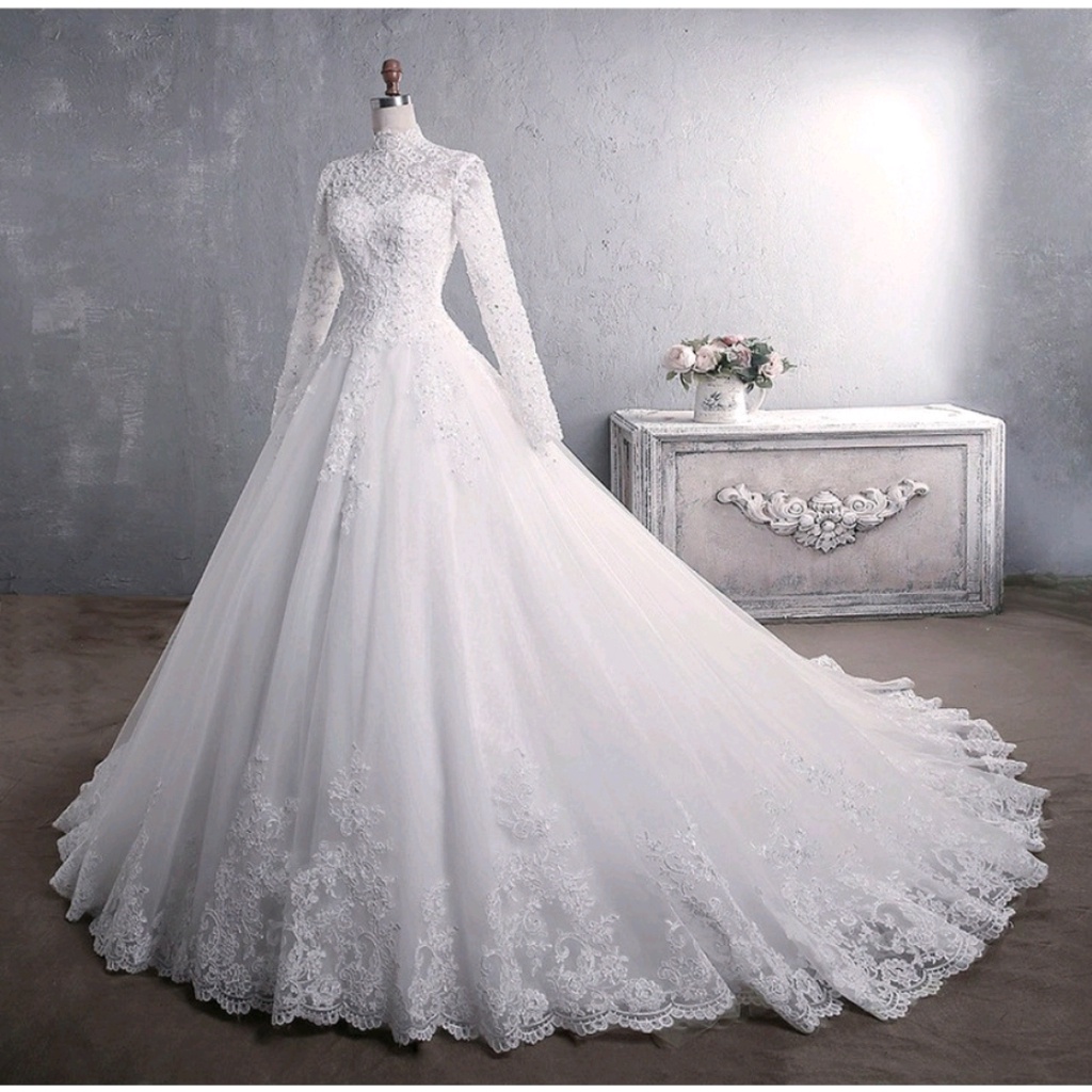 Muslim High Collar Long Sleeve Lace Beaded / Long Tail Wedding Gown