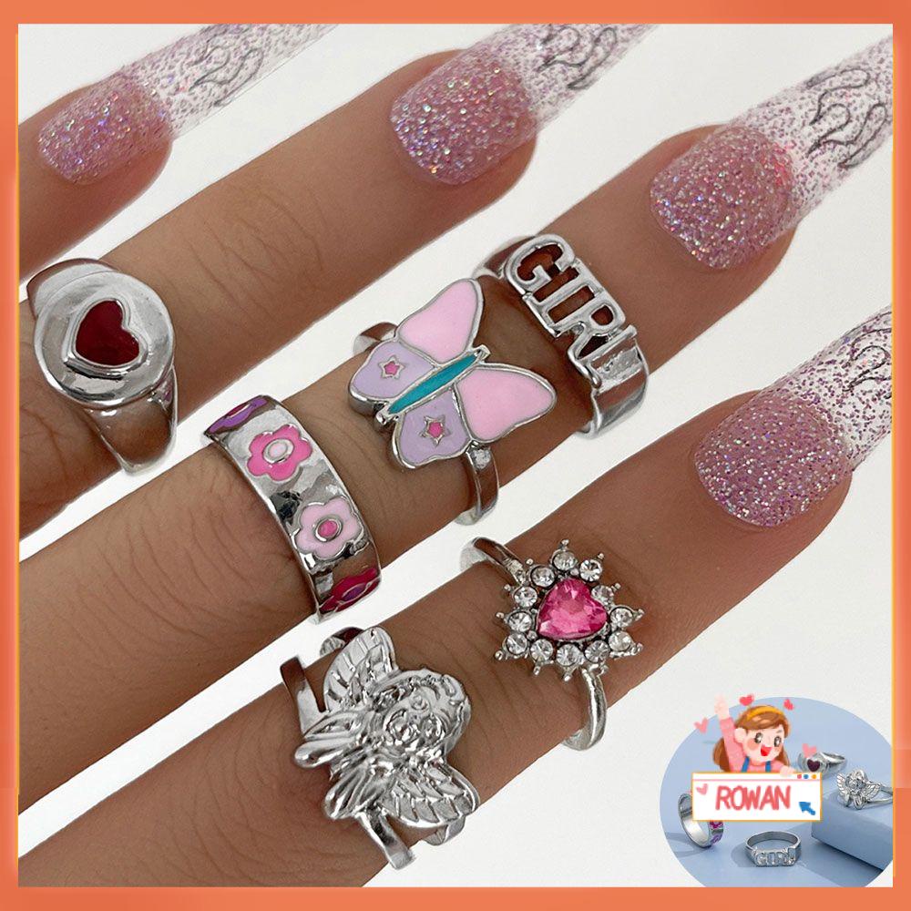 R-flower 6pcs/Set Cincin Wanita Angel Jewelry Pink