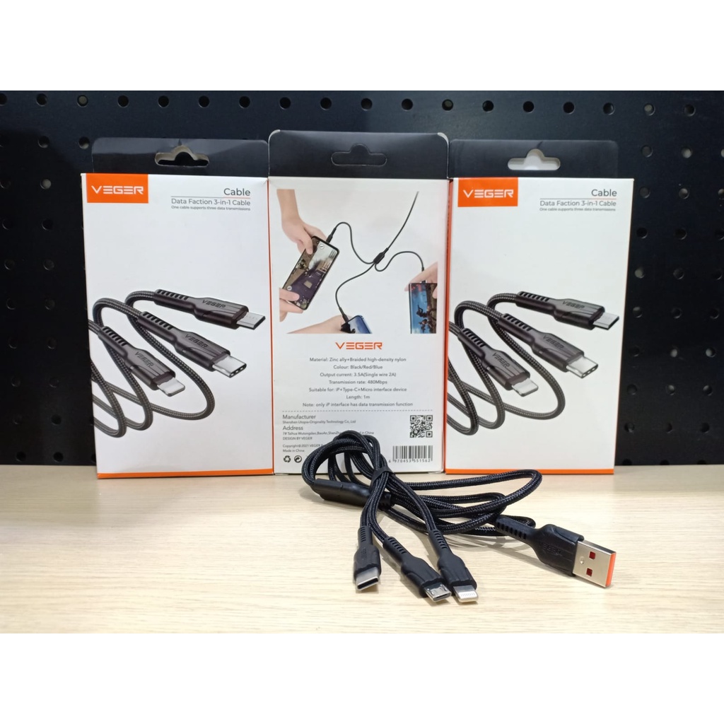 kabel 3 in 1 VEGER V300 Kabel Data cabang 3 Fast Charging