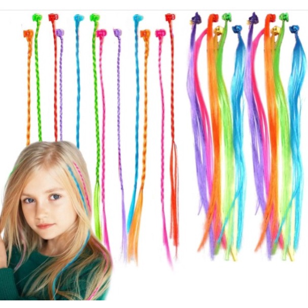 Kids Hair Extensions Colored Straight Wigs for Girls Rambut Ekstensi Anak Shiny Neon Clip-in Hair Extensions Rainbow Hair Accessories Braiding Hair Clips for Party Favors