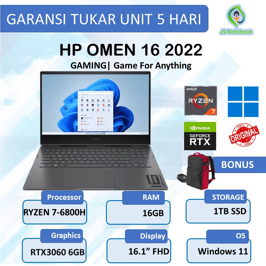 HP OMEN 16 2022 RTX3060 6GB RYZEN 7-6800H 16GB 1TB SSD WIN11 16.1"FHD IPS