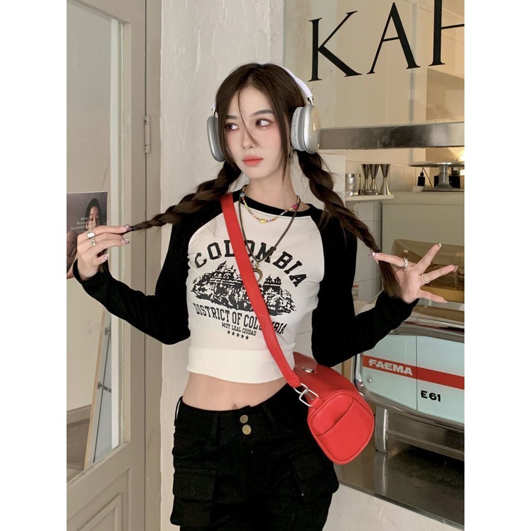 ☂❇℗Suhao American Retro Lengan Panjang T-shirt Wanita 2022 Musim Gugur Baru Rasa Desain Dicetak Pendek Top Pakaian Bawah Kemeja Ins