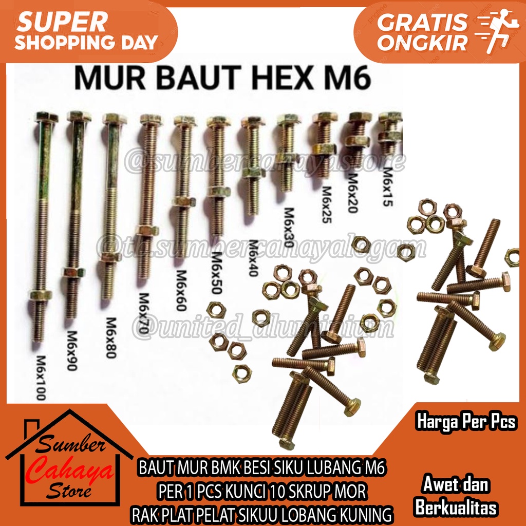 Jual BAUT MUR BMK M6 BESI SIKU LUBANG PER 1 PCS KUNCI 10 SKRUP MOR RAK ...