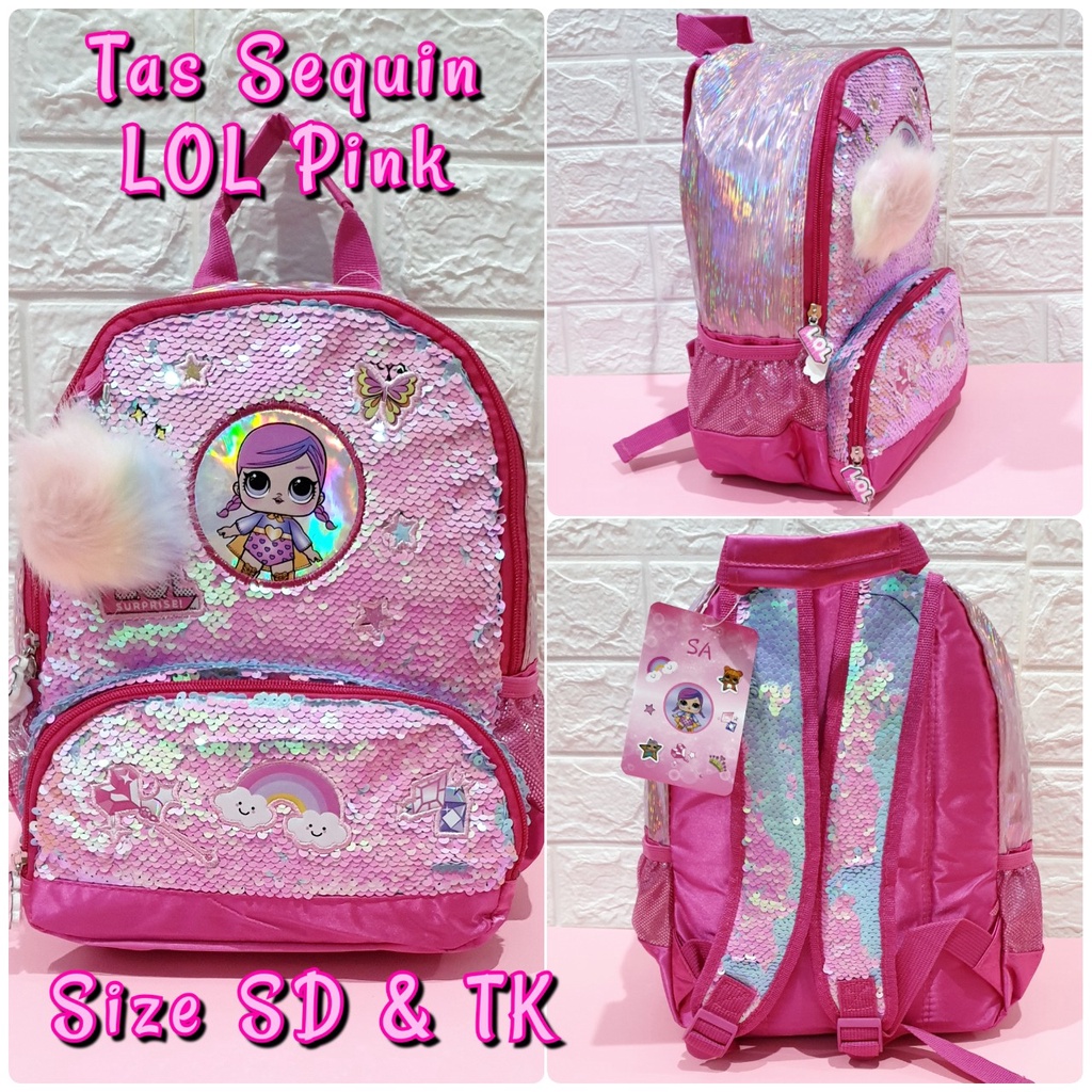 Tas Sekolah Ransel Anak TK dan SD Motif Sequin Pink LOL dan Unicorn Backpack Anak Perempuan