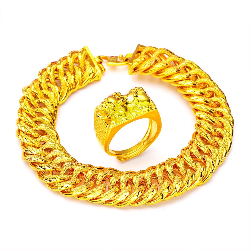 Goldkingdom Perhiasan Fashion Emas Asli Kadar 375 Bangkok Aksesoris Ready Stock Pria Berani Cincin Gelang Tepi Lebar Dipanjangkan Gelang Tebal