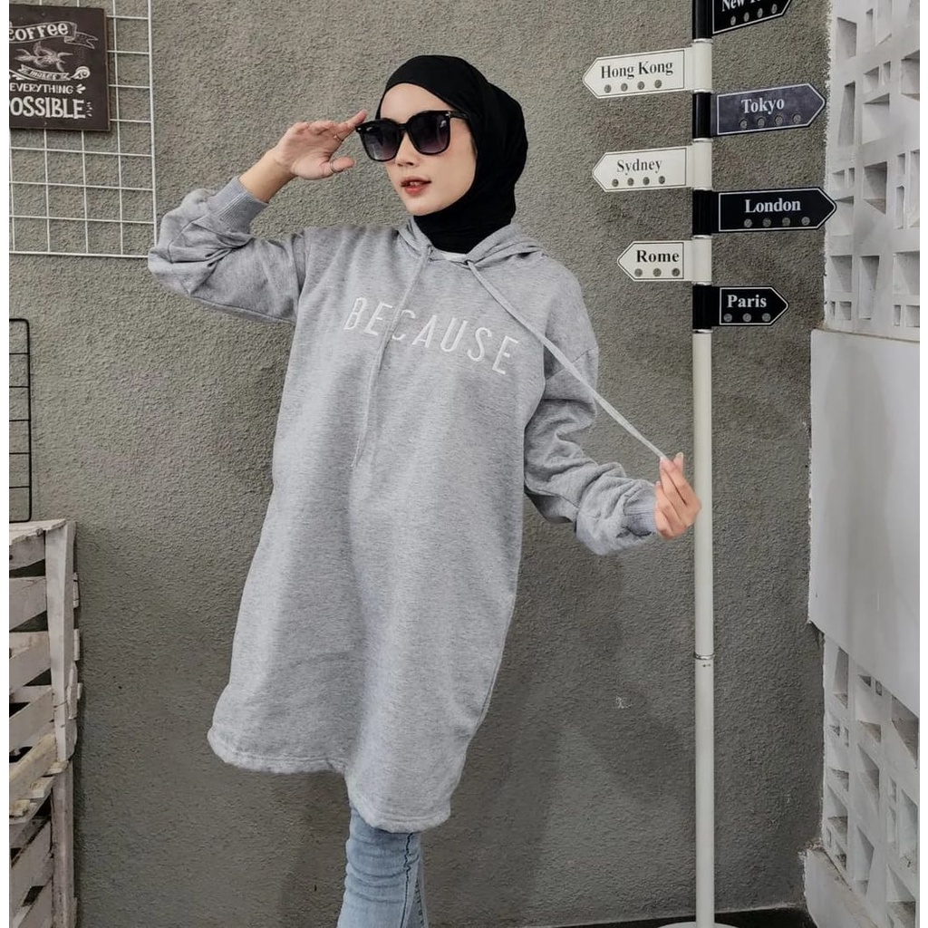 Bordier BECAUSE LOONG SWEATER HOODIE OVERSIZE - SWEATER PANJANG KEKINIAN SWEATSHIRT