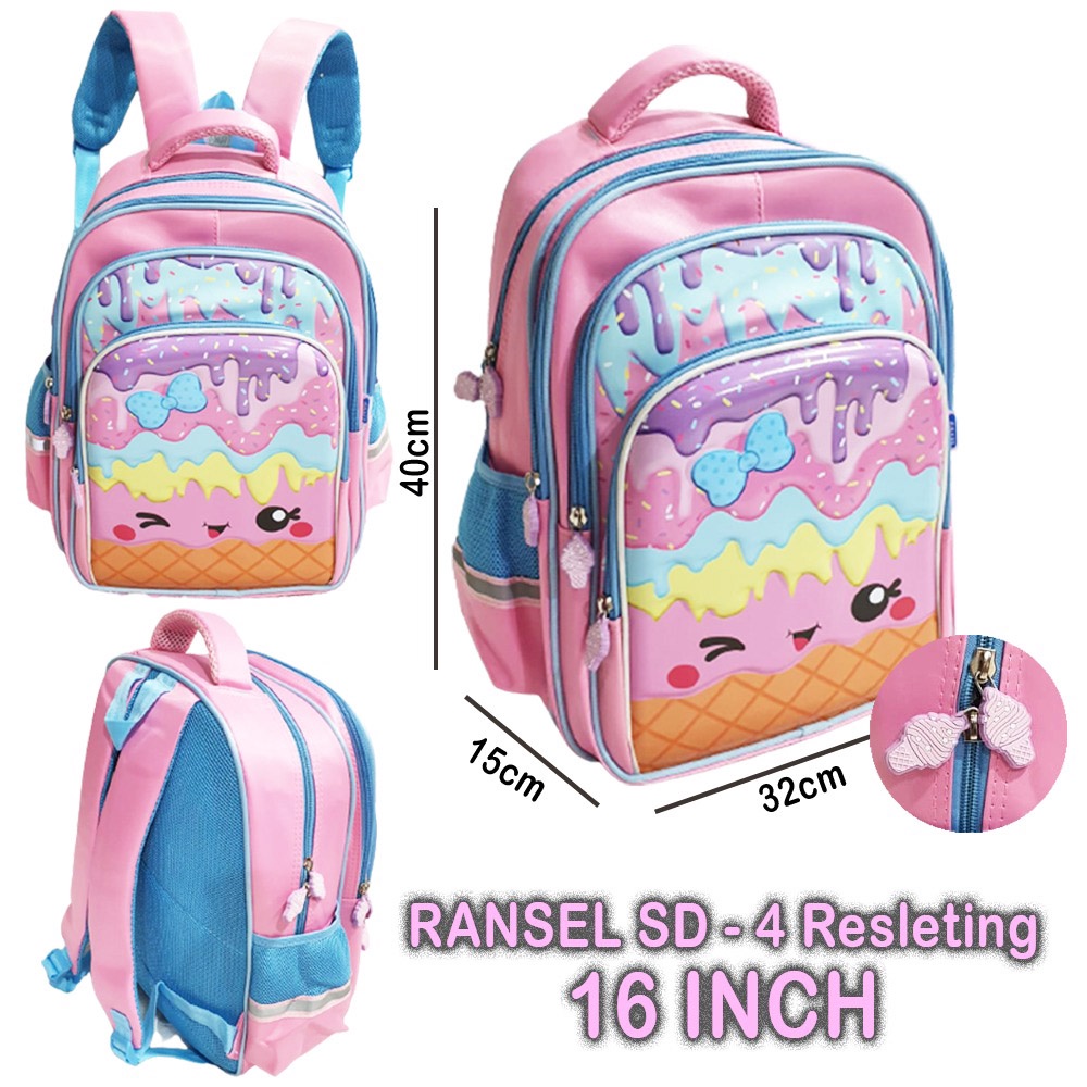 BACKPACK RANSEL 16&quot; TAS ANAK SEKOLAH PEREMPUAN SD GAMBAR KARTUN RABBIT SUGAR DAN KUE ICE CREAM 3RESLETING TIMBUL ( Sugar ES KRIM BOBA CETAR POLKA BOBO 16&quot; )