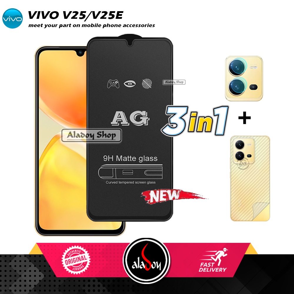 Paket 3IN1 Tempered Glass Layar Matte Anti Glare VIVO V25/V25E Free Tempered Glass Camera dan Skin Carbon