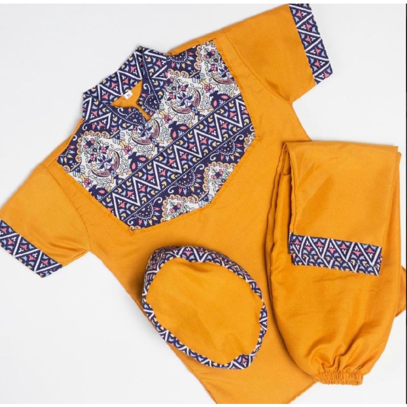 Promo setelan koko batik terbaru anak laki laki usia 1 sampai 10 tahun free peci/baju koko anak/koko anak/kurta anak/koko pakistan/gamis anak/jubah anak-Batik new mustard