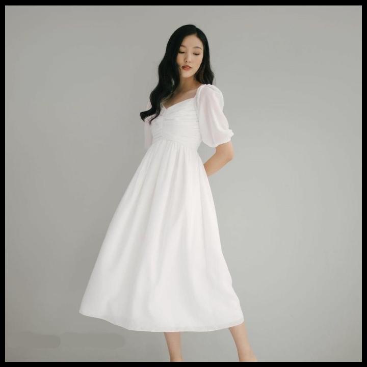 Vinna Sabrina Dress Korean Vintage Casual White